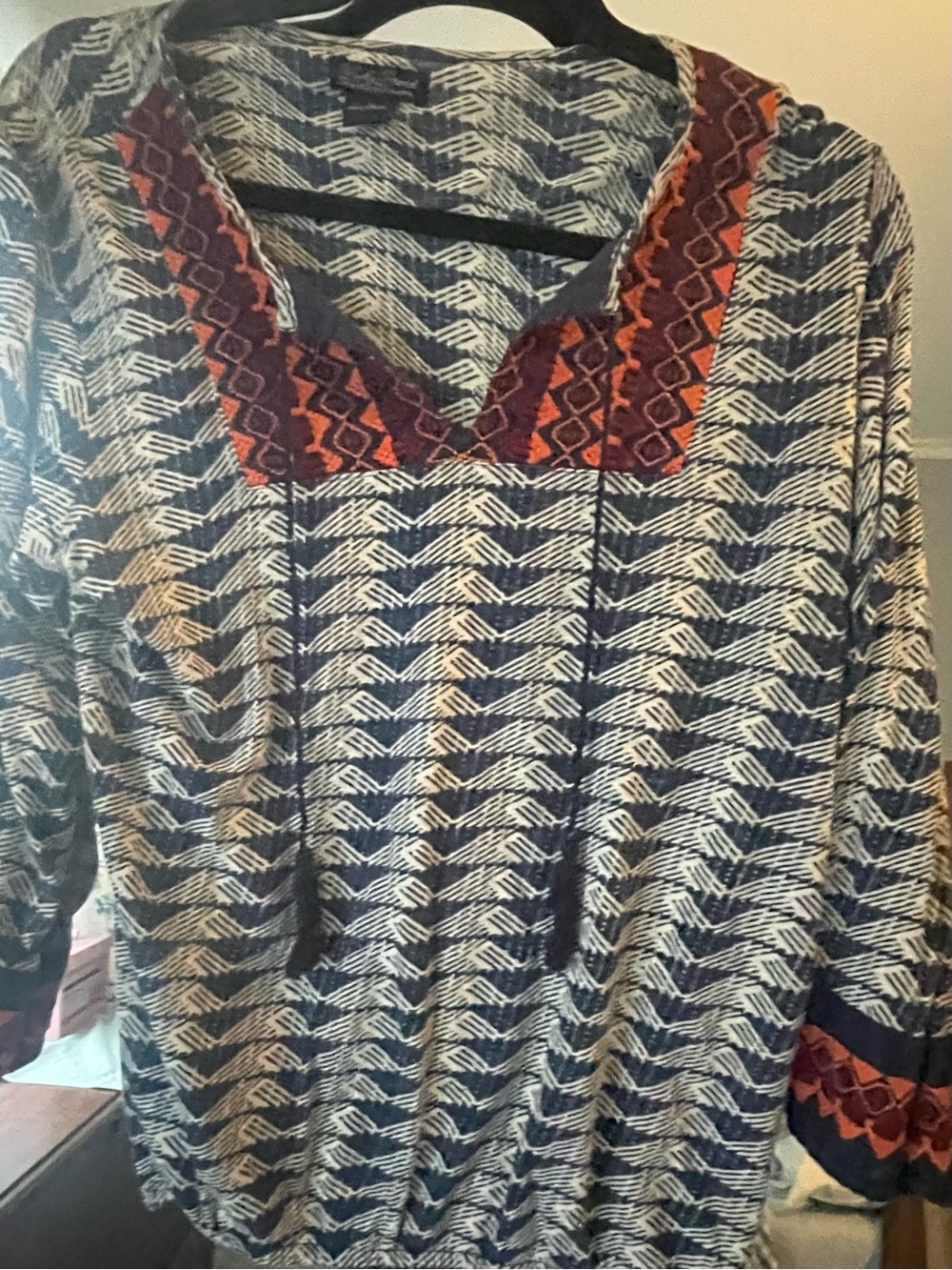 Lucky Brand Navy, Cream & Rust Patterned Boho Blouse